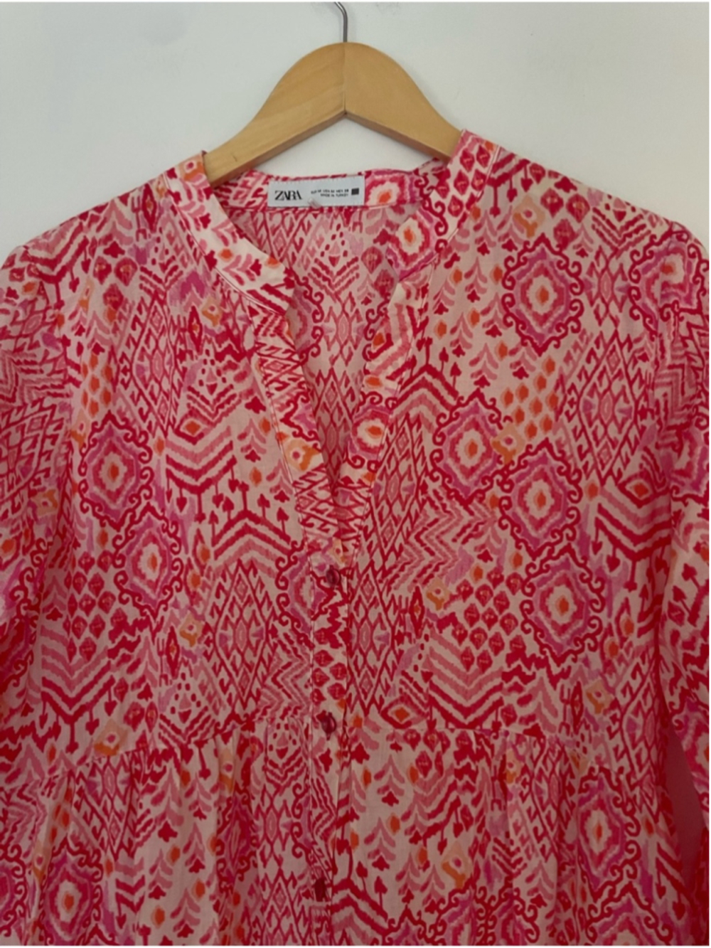 ZARA Pink Boho Print Tiered Midi Dress | Size M | 100% Cotton | 3/4 Sleeve - Picture 3 of 6
